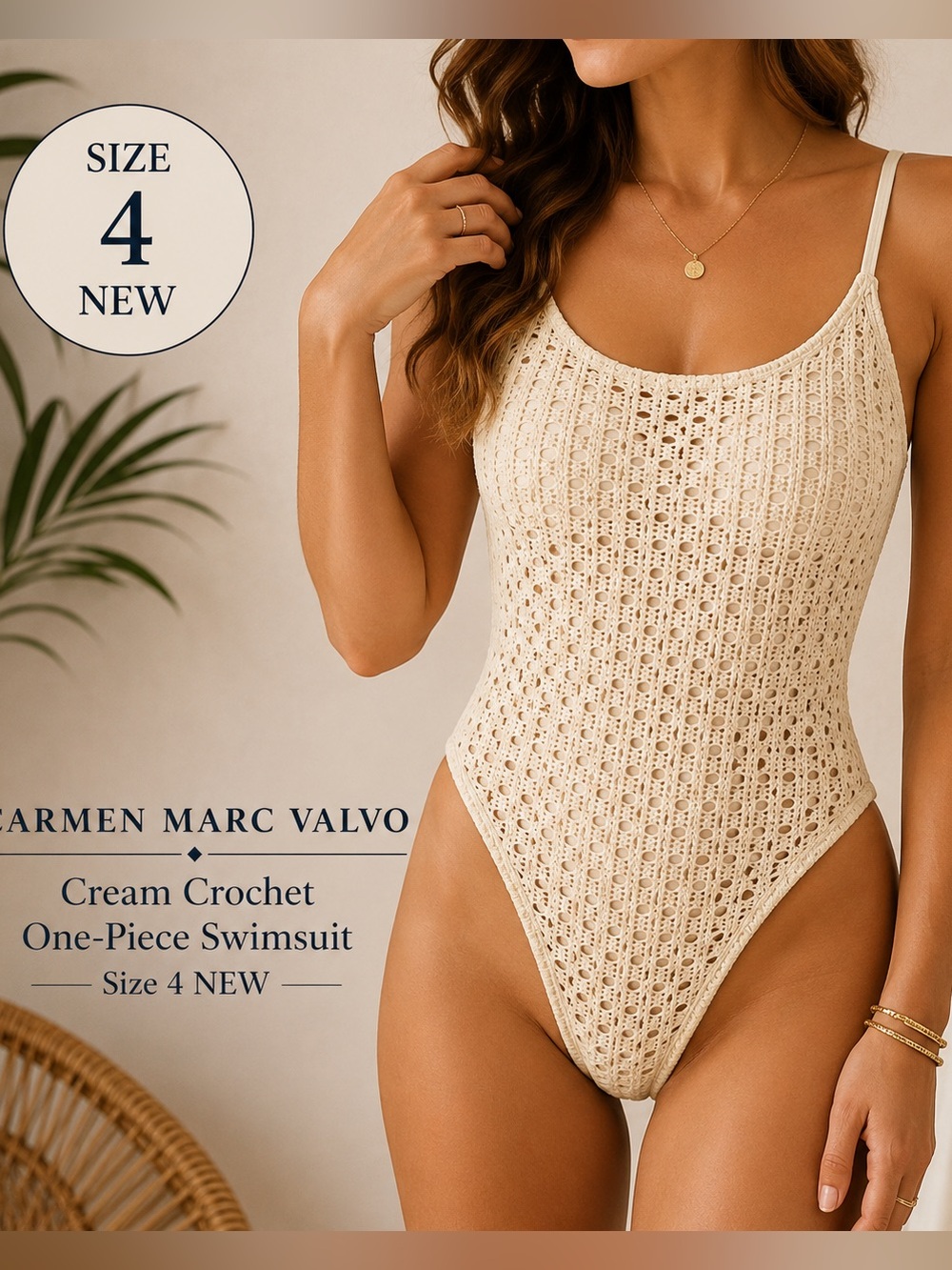 Carmen Marc Valvo Cream Crochet One-Piece Swimsuit NEW Size 4